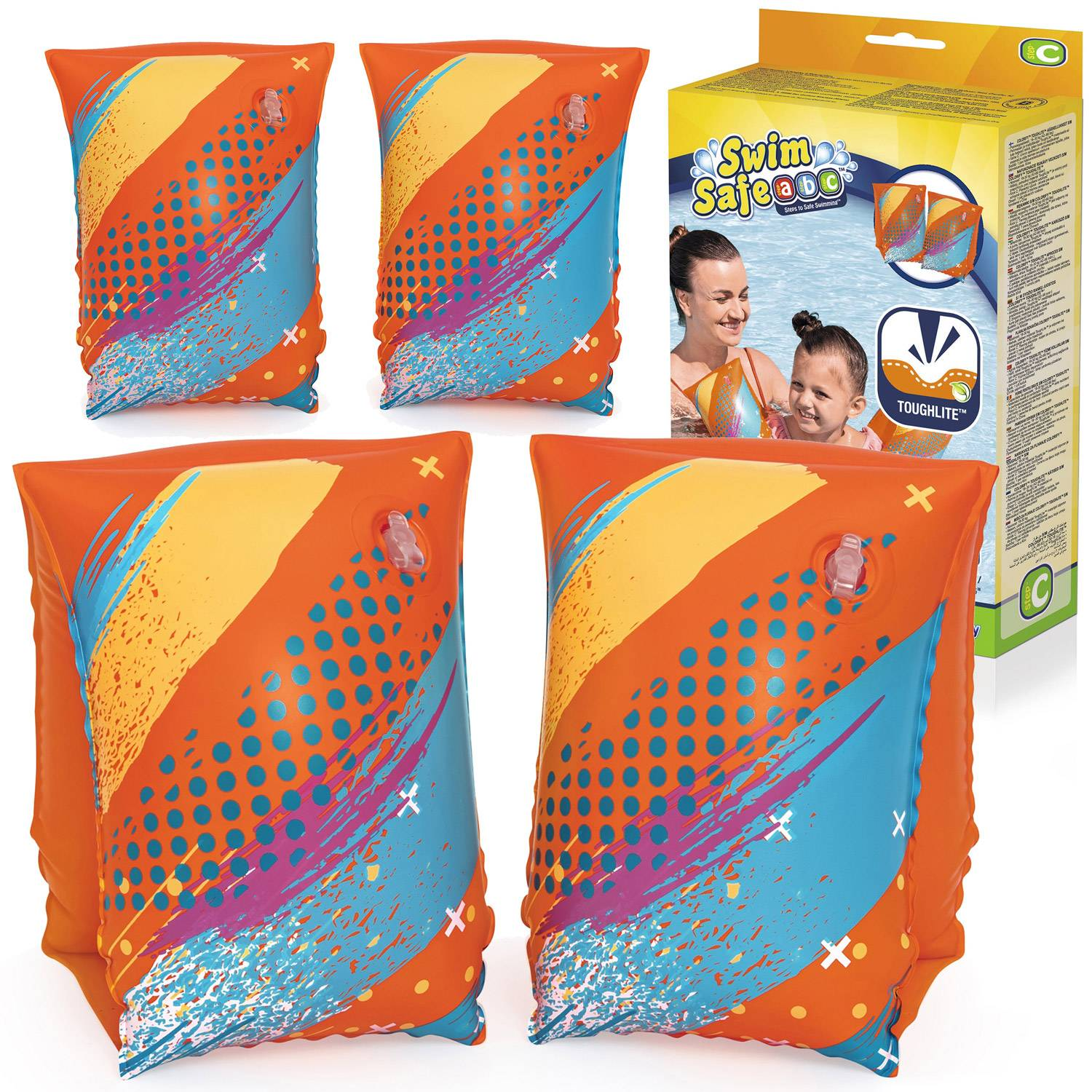 Brazaletes inflables naranjas y azules con diseños coloridos. Una caja muestra a una madre y un niño con brazaletes similares, anunciando 'Swim Safe'.