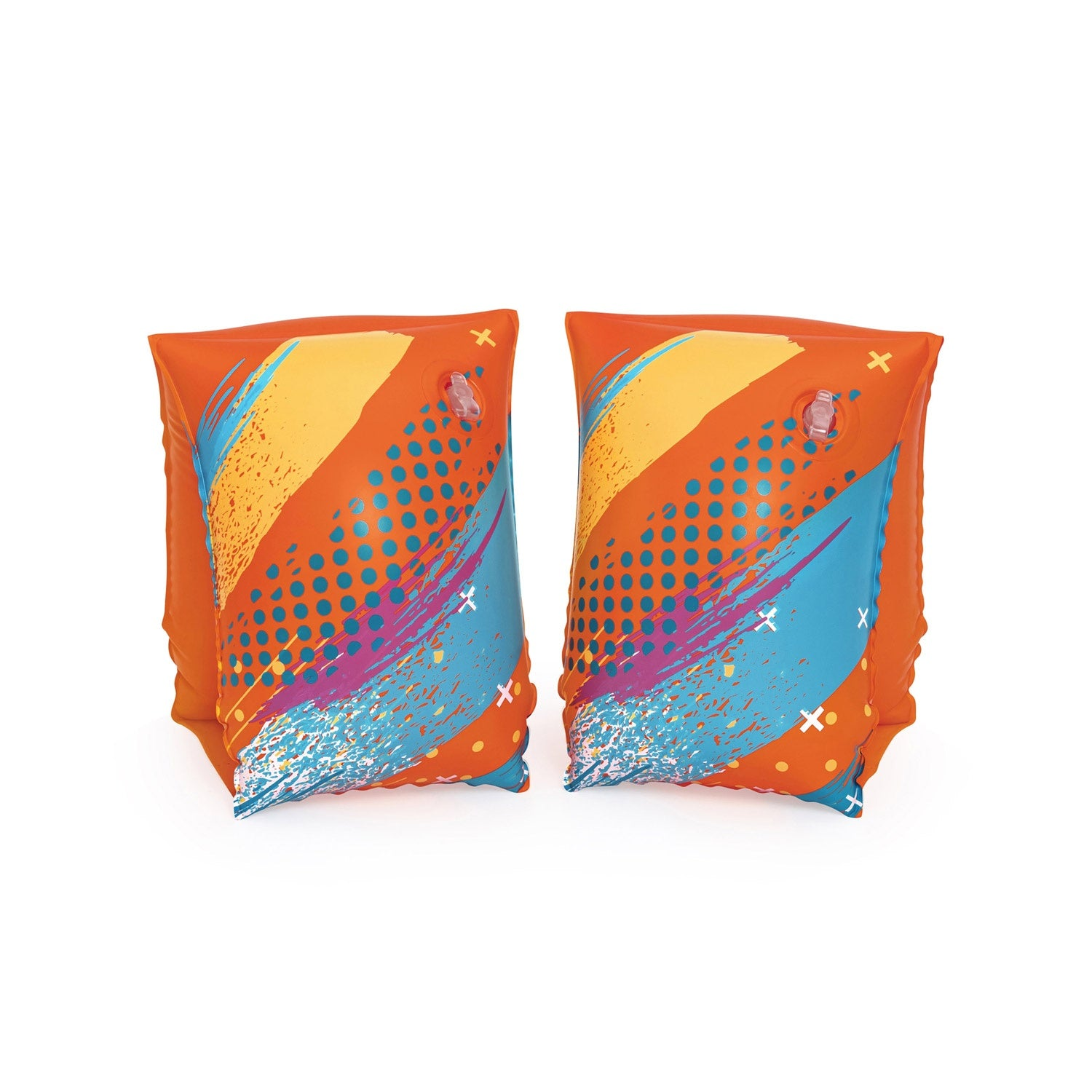 Dos flotadores de brazo naranjas con diseños coloridos sobre un fondo blanco. Cada uno tiene un patrón amarillo, azul y morado.