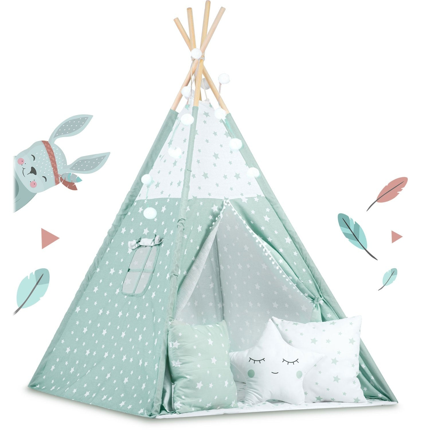 Una tienda de campaña tipo tipi verde menta con estrellas blancas y almohadas. Un gráfico de conejito a la izquierda. Plumas y formas decorativas alrededor.