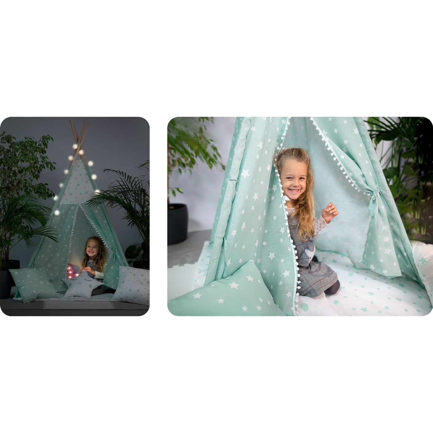 Una niña sonríe dentro de una tienda tipi verde azulado con estrellas blancas. Hay luces de cadena y almohadas. Plantas en el fondo.