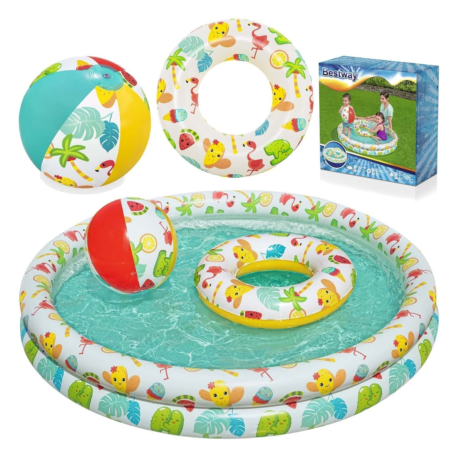 Piscina con agua, pelota inflable y anillo. La caja muestra a niños jugando en una piscina similar. Todos los artículos tienen patrones de verano.
