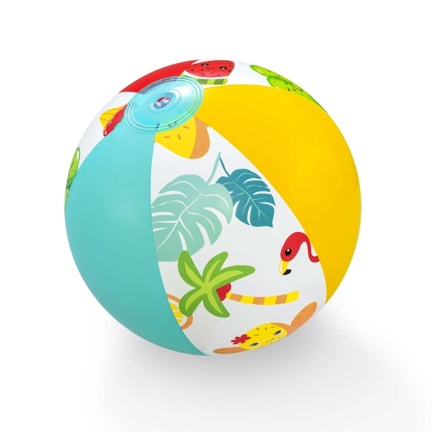 Un balón de playa colorido con ilustraciones de frutas y hojas tropicales. Tiene secciones amarillas, turquesas y blancas con varios diseños.
