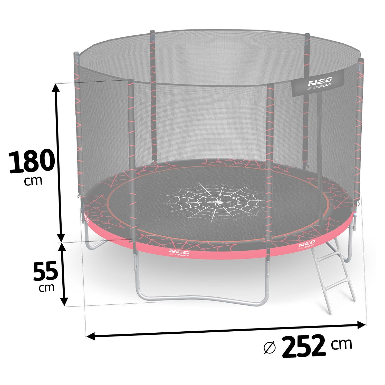 Un trampolín con red de seguridad. Alfombra de salto negra con diseño de araña. Dimensiones: 180cm alto, 252cm diámetro, 55cm base.