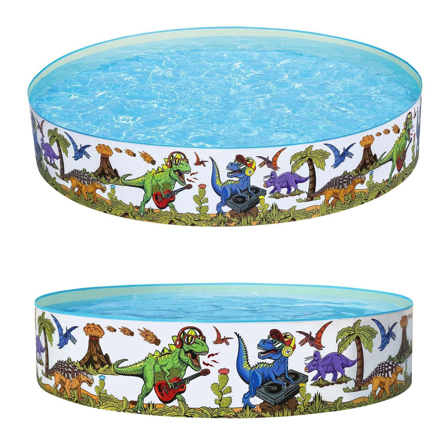 Una piscina redonda inflable con agua. Los lados tienen un tema de dinosaurios: un dino DJ, un dino tocando la guitarra y otros dinosaurios con palmeras.