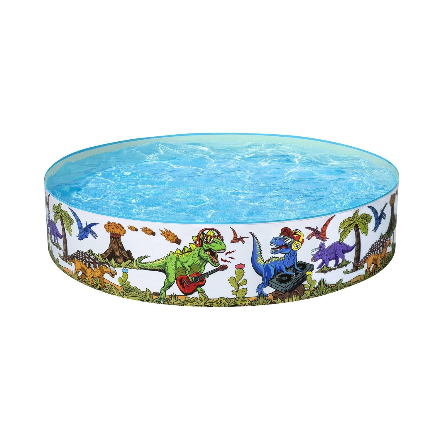 Piscina redonda con agua azul. Dinosaurios con auriculares e instrumentos musicales decoran los lados. Fondo blanco.