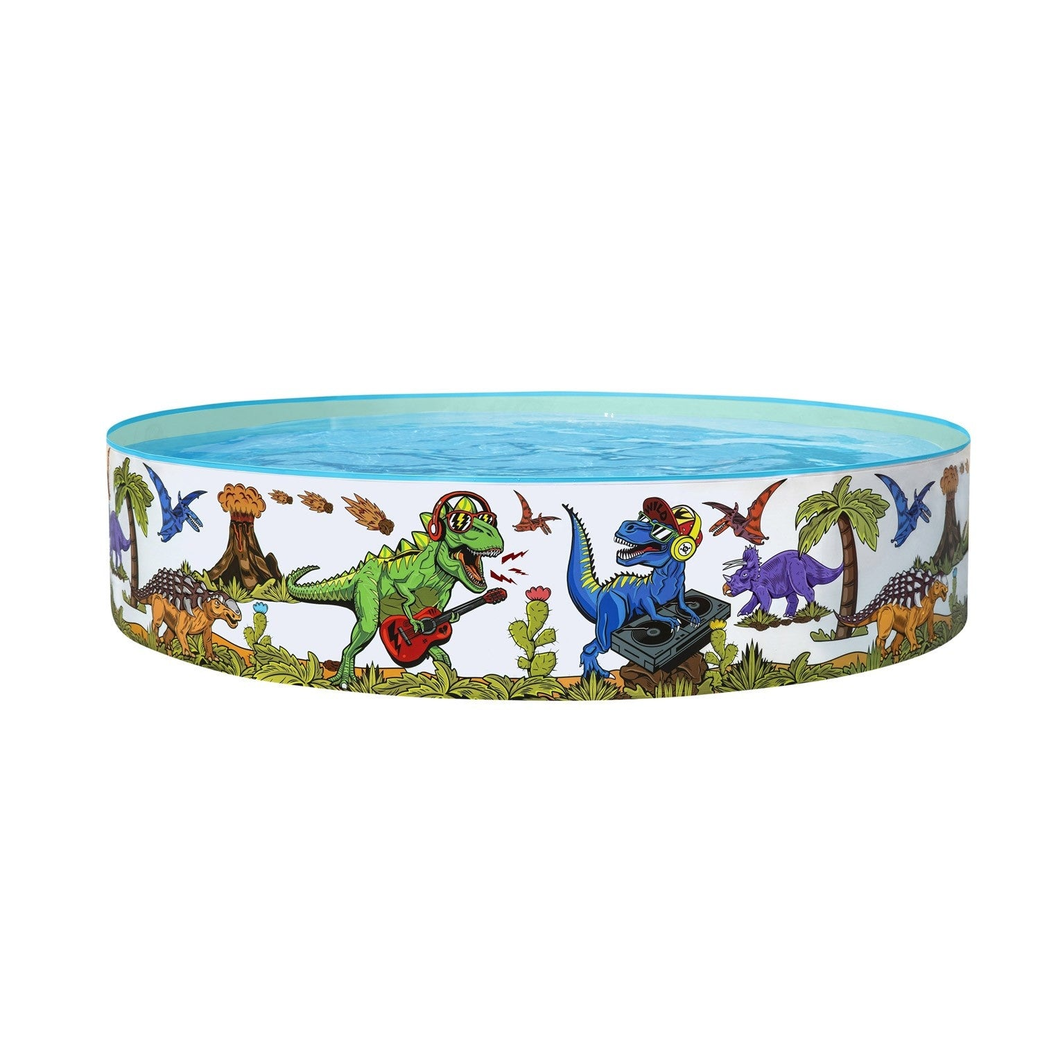 Una piscina inflable con dinosaurios tocando música. Un dinosaurio verde toca la guitarra. Un dino azul es DJ. La piscina tiene agua azul.