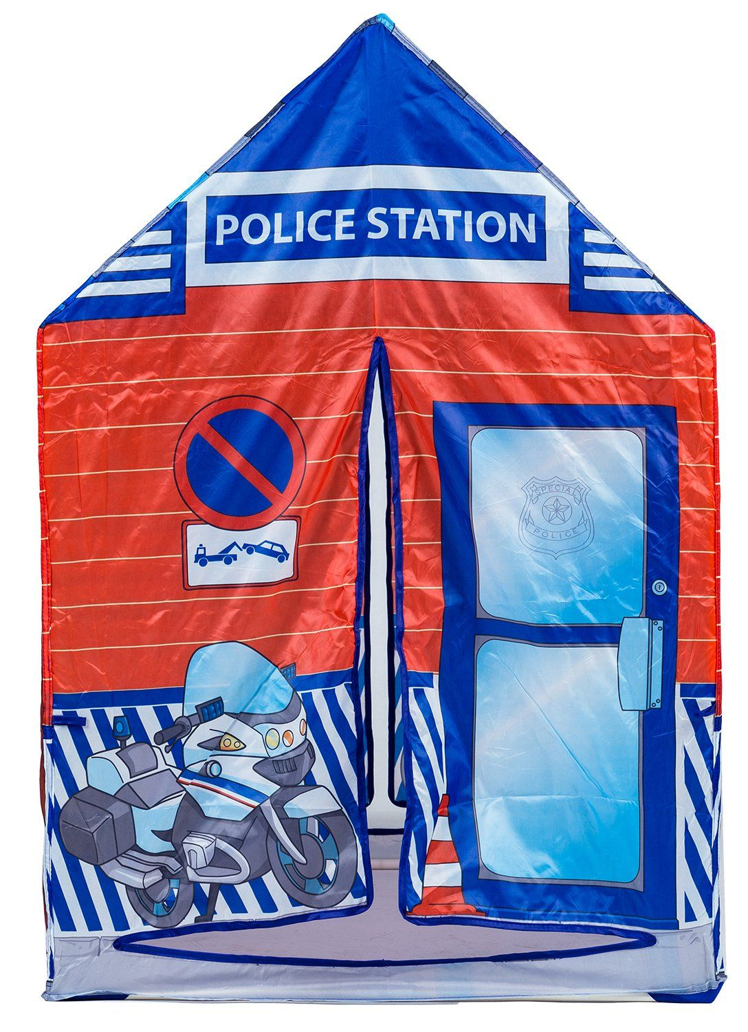 Una carpa de juego para niños con forma de comisaría. Tiene una moto y un letrero. Predominan los colores rojo y azul.