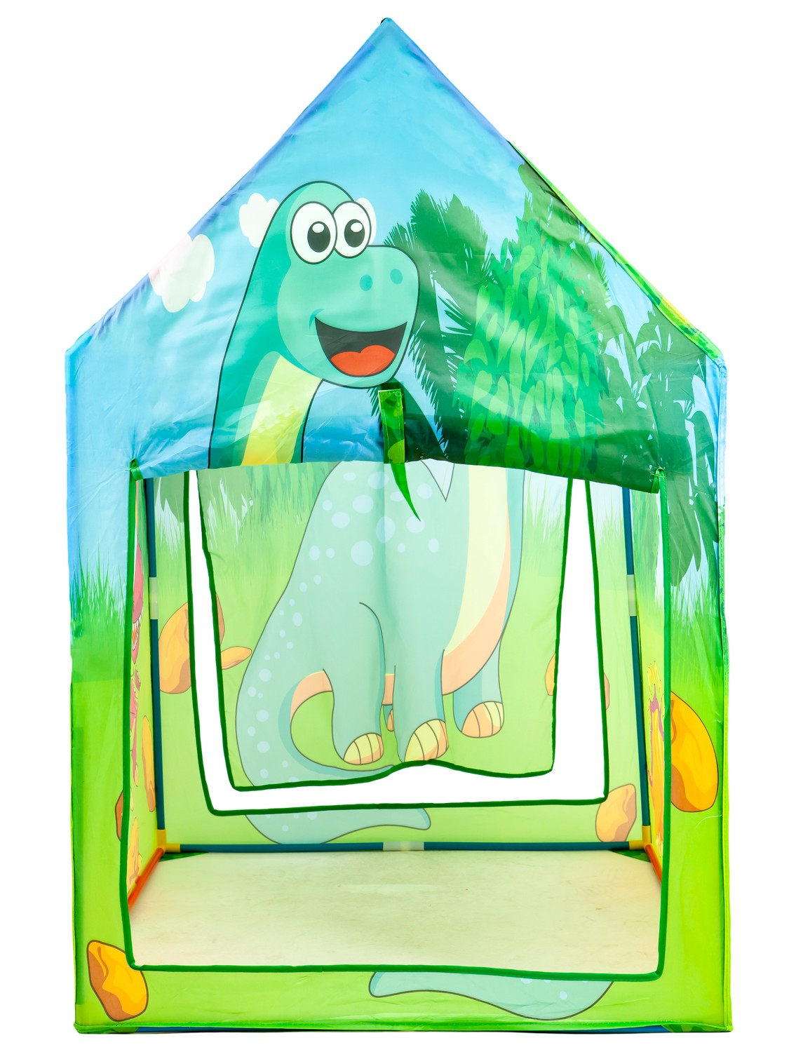 Una carpa de juegos para niños. Tiene un tema de dinosaurios con dinosaurios de dibujos animados y colores verdes, azules y amarillos. El fondo es blanco.