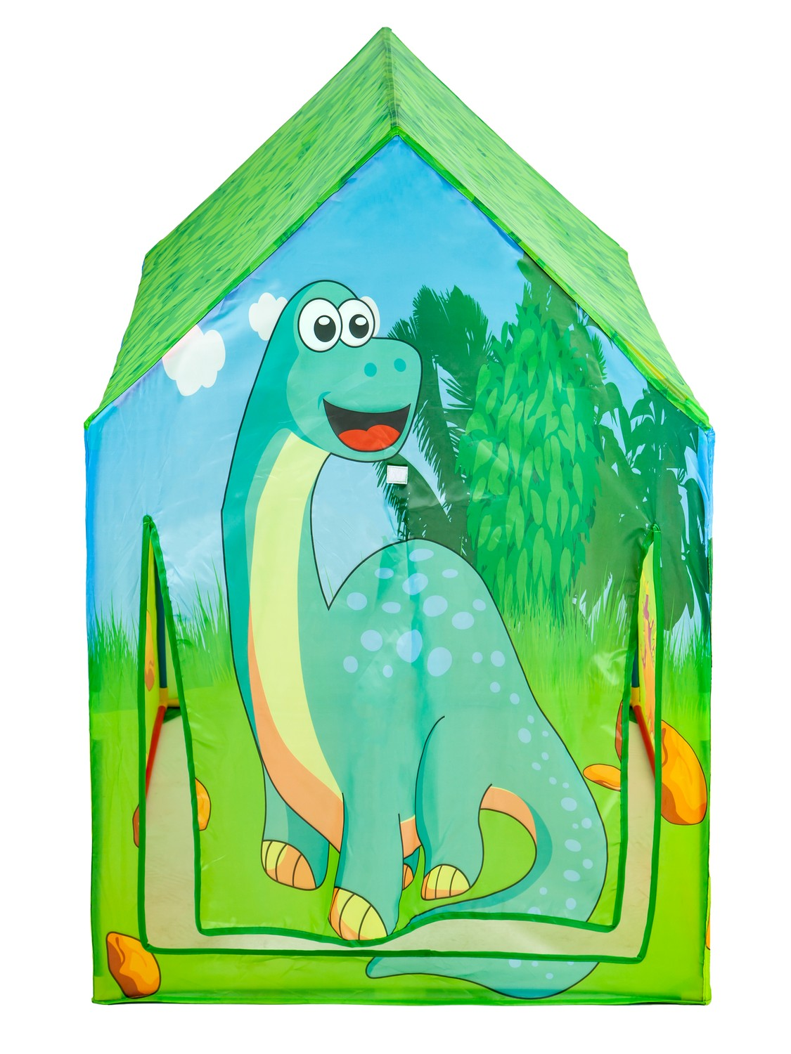 Una casa de juegos de dinosaurios con techo verde y un dinosaurio sonriente al frente. El fondo muestra un cielo azul y árboles verdes.