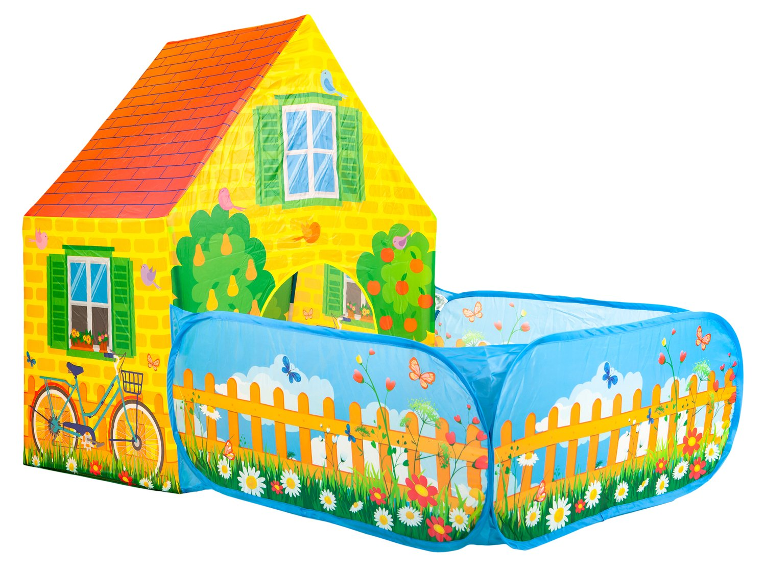 Una colorida casa de juegos para niños con forma de casa y un foso de bolas. Hay una bicicleta junto a la casa y mariposas en la escena.