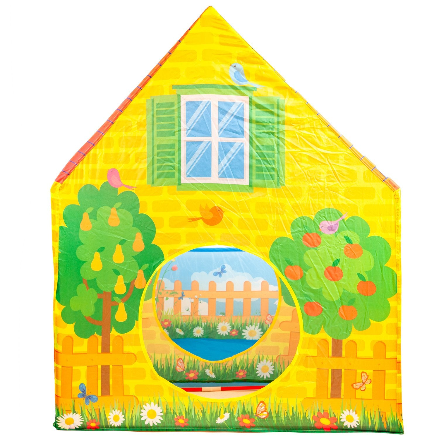 Una tienda de campaña amarilla con diseño de casa. Presenta árboles, una ventana y una abertura circular que muestra una escena de jardín con flores.