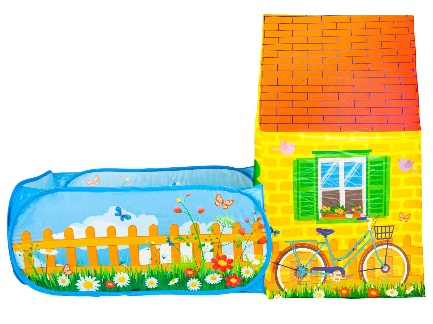 Una casa de juegos para niños con una zona de piscina azul. La casa es amarilla con un tejado de ladrillo, una ventana y una bicicleta.