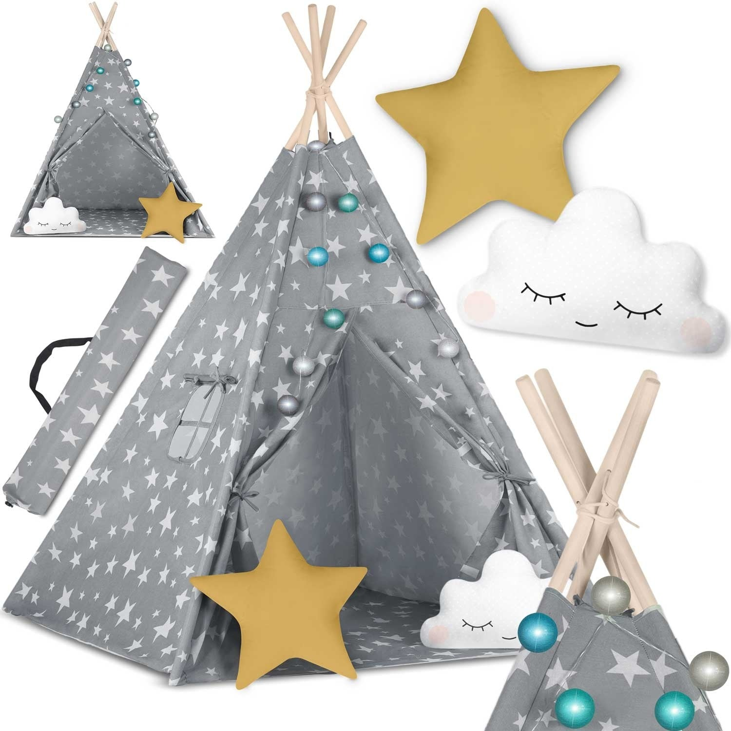Una tienda tipi gris con estrellas blancas. Se colocan almohadas amarillas en forma de estrella y nube. También son visibles luces decorativas y tela de tienda enrollada.