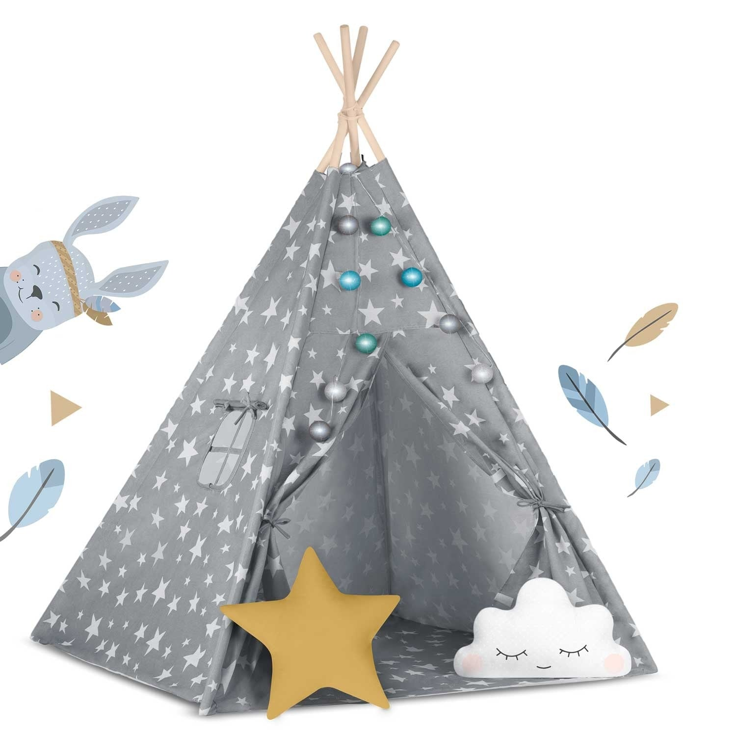 Un tipi gris con estrellas blancas, una almohada en forma de estrella amarilla y una almohada de nube con ojos cerrados. Un conejo con diadema a la izquierda.