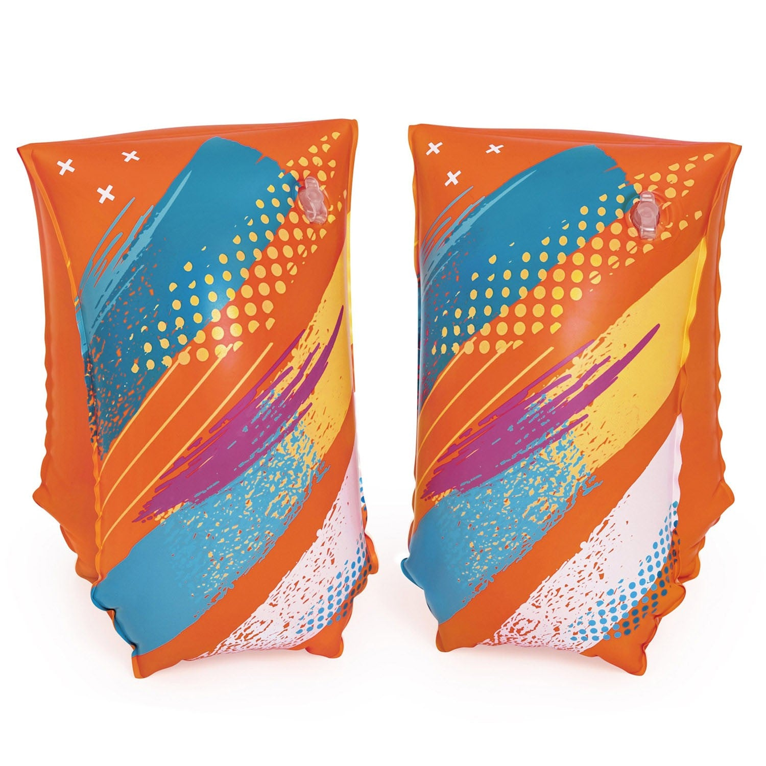 Dos flotadores de brazo naranjas. Cada uno tiene un diseño de pincelada colorida en azul, morado, amarillo y blanco, con pequeñas cruces blancas.