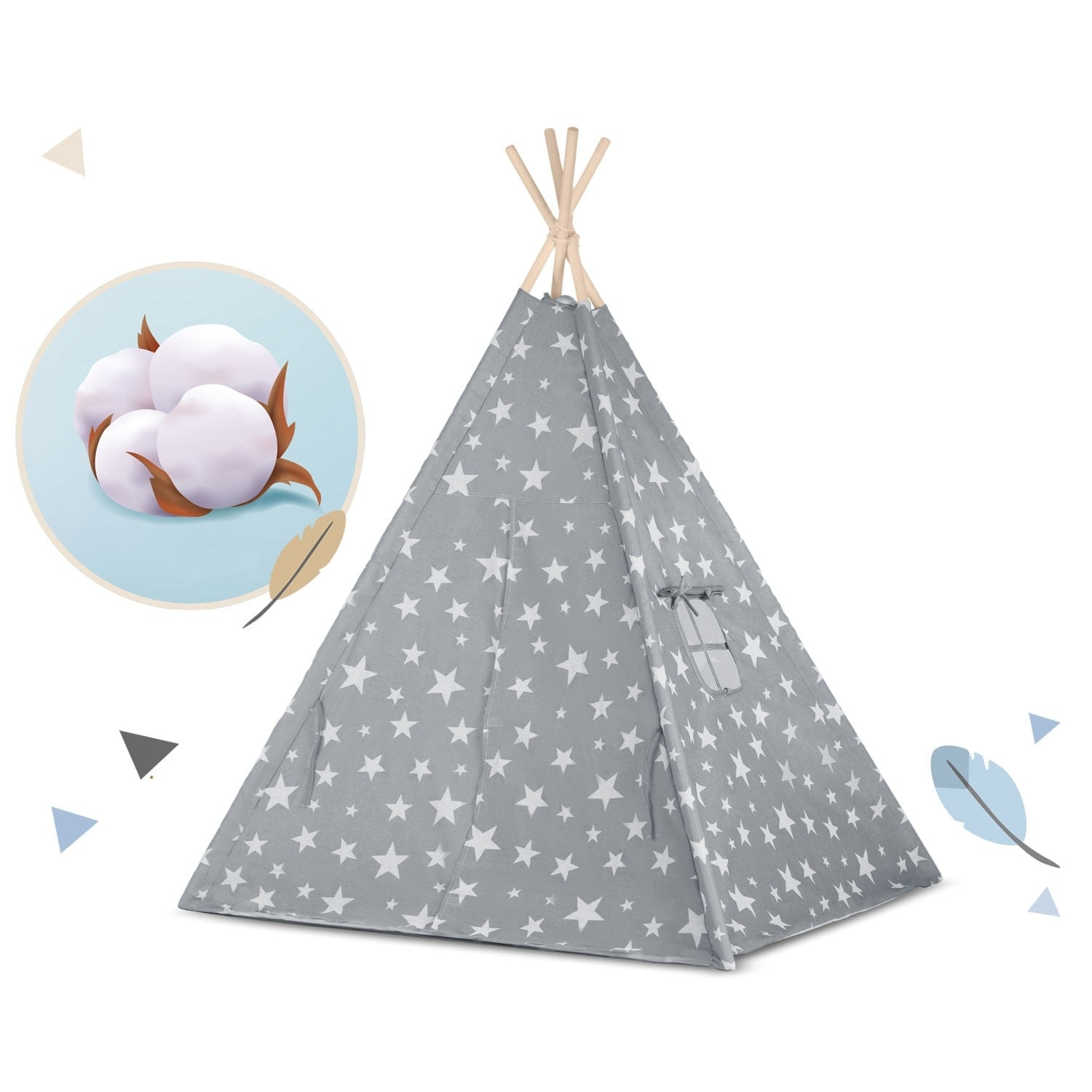 Una tienda de campaña tipi gris con estrellas blancas. Una ilustración de algodón a la izquierda y plumas y formas decorativas.