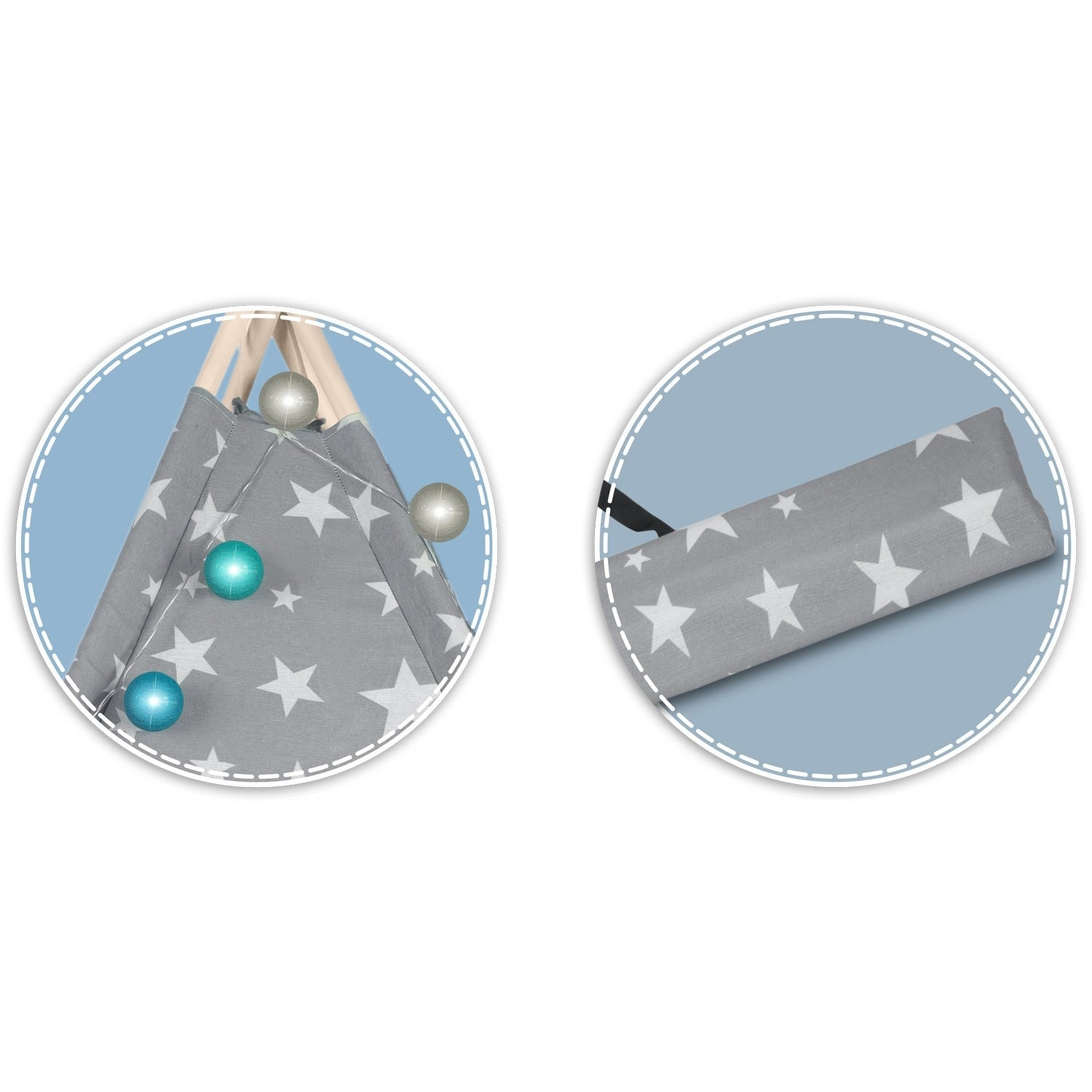 Un tipi gris con estrellas blancas está decorado con adornos plateados y turquesas. Una almohada gris con estrellas está al lado.