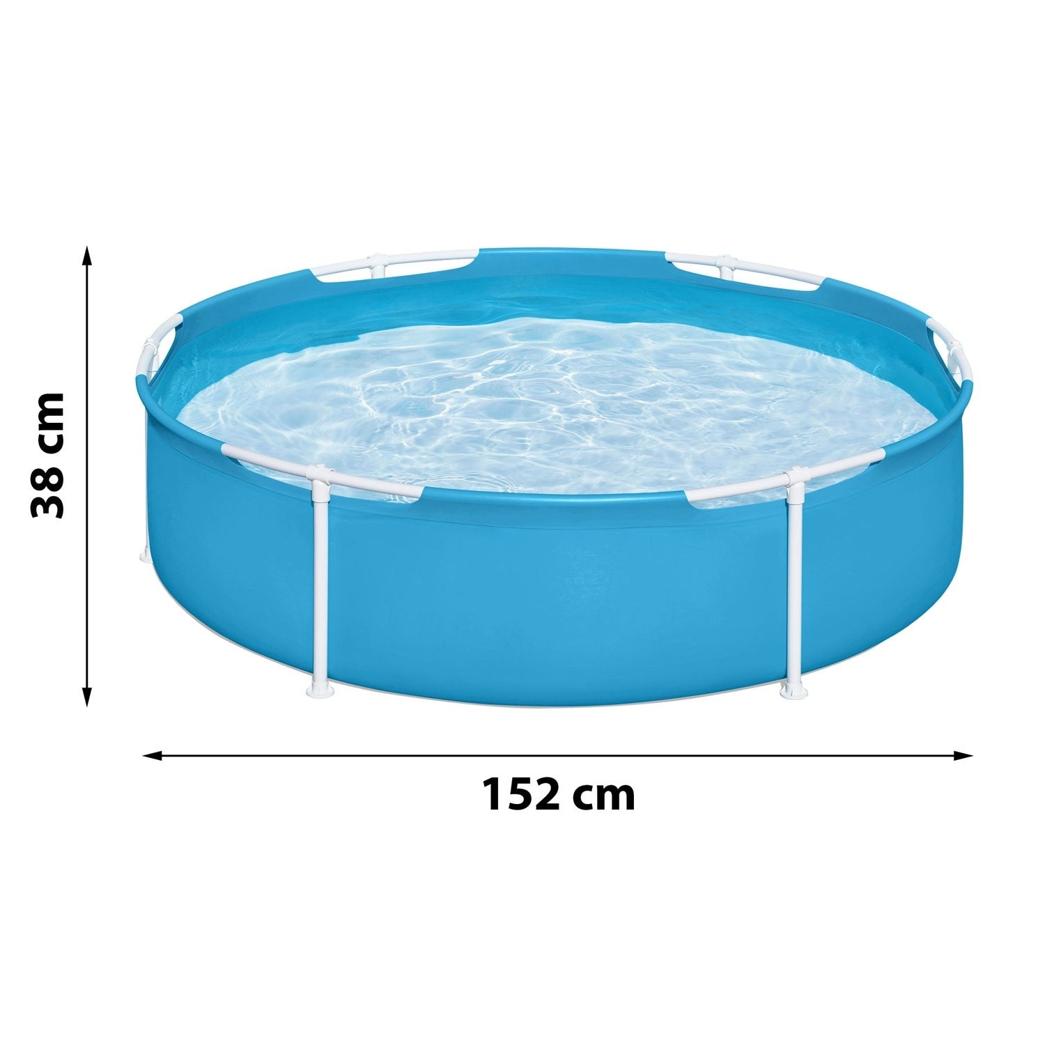 Una piscina redonda azul con marco blanco. Dimensiones: 38 cm de alto, 152 cm de diámetro.