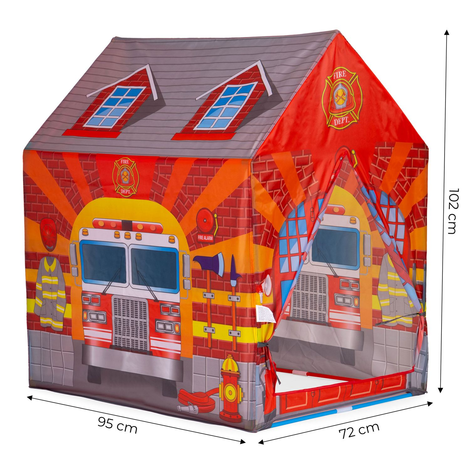 Una carpa de juegos para niños con forma de estación de bomberos. Presenta una fachada roja y naranja con un camión de bomberos y emblemas de bomberos.