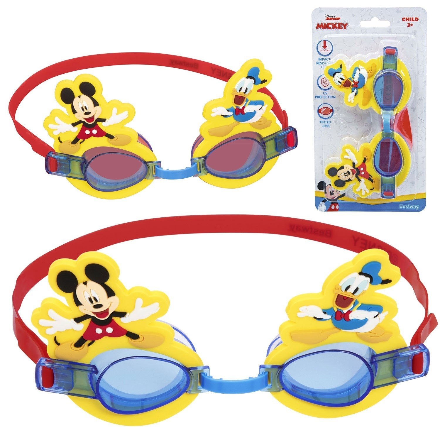 Dos pares de gafas de natación de Mickey Mouse y el Pato Donald. Monturas amarillas, correas rojas, lentes azules y un paquete a la derecha.