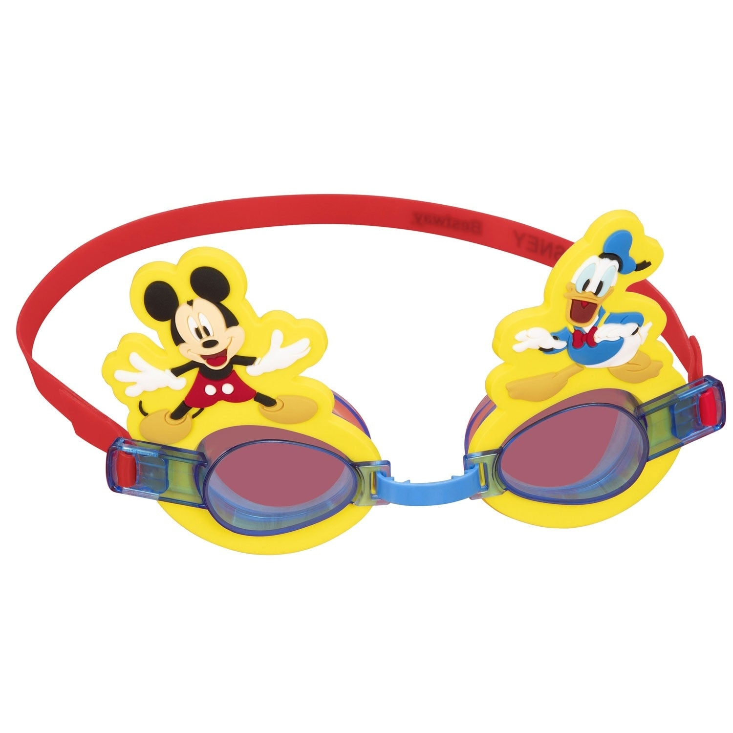 Gafas de natación amarillas con Mickey Mouse y el Pato Donald. Correa roja. Lentes rojas. Acentos azules y rojos.