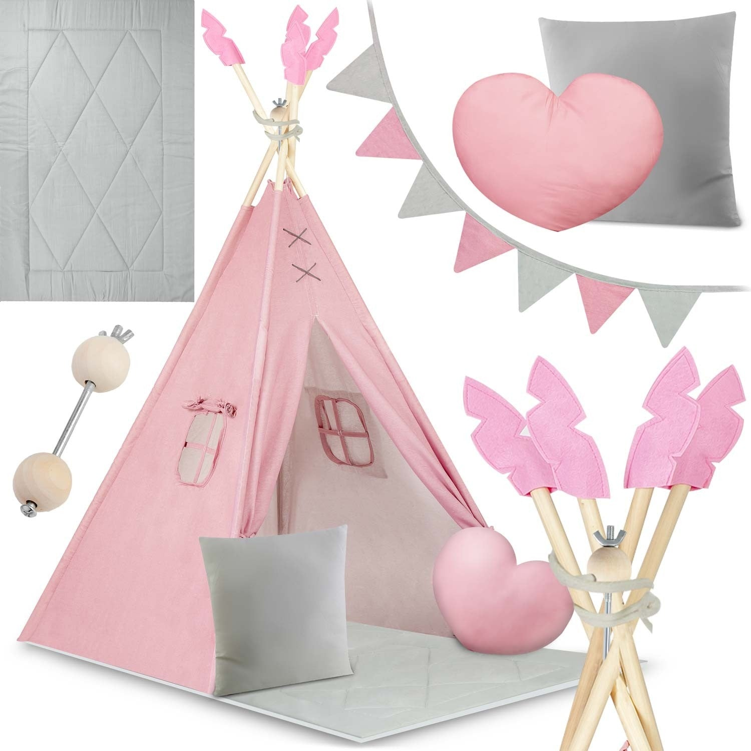 Un tipi rosa con una almohada gris, un cojín en forma de corazón, banderines y una manta gris. También hay elementos decorativos.