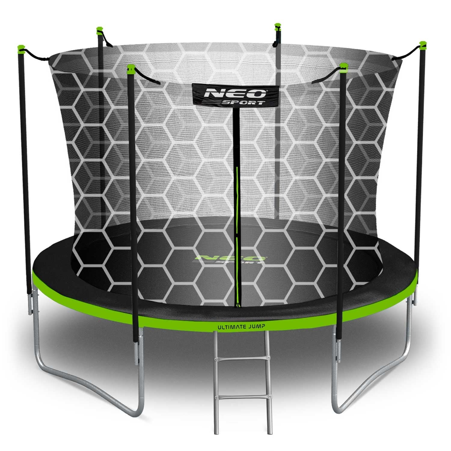 Un trampolín con marco negro y verde. Tiene una red de seguridad con un patrón hexagonal blanco y una escalera pequeña.