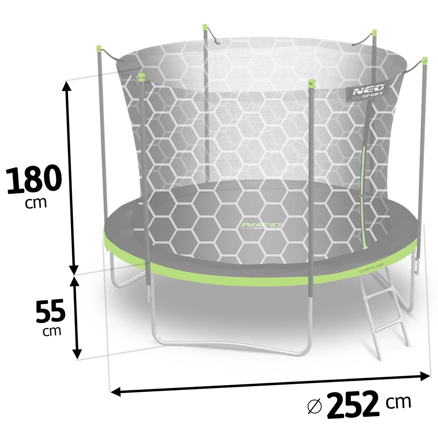 Un trampolín con red de seguridad. Dimensiones: altura 180 cm, diámetro 252 cm y altura del marco 55 cm. La marca es Neo Sport.