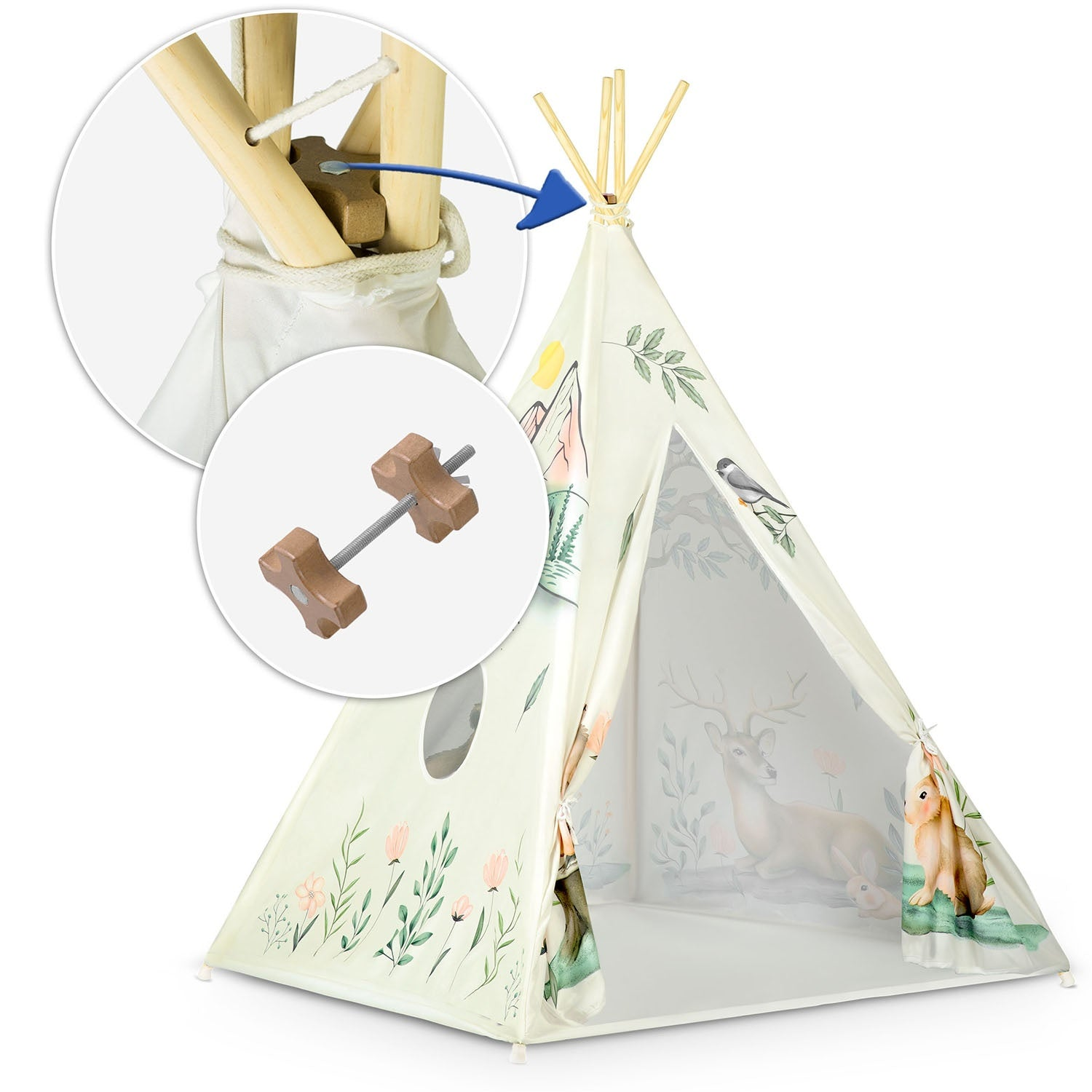 Una tienda tipi blanca con patrones florales e ilustraciones de animales. Vistas ampliadas muestran detalles del marco de madera y un mecanismo de tornillo.