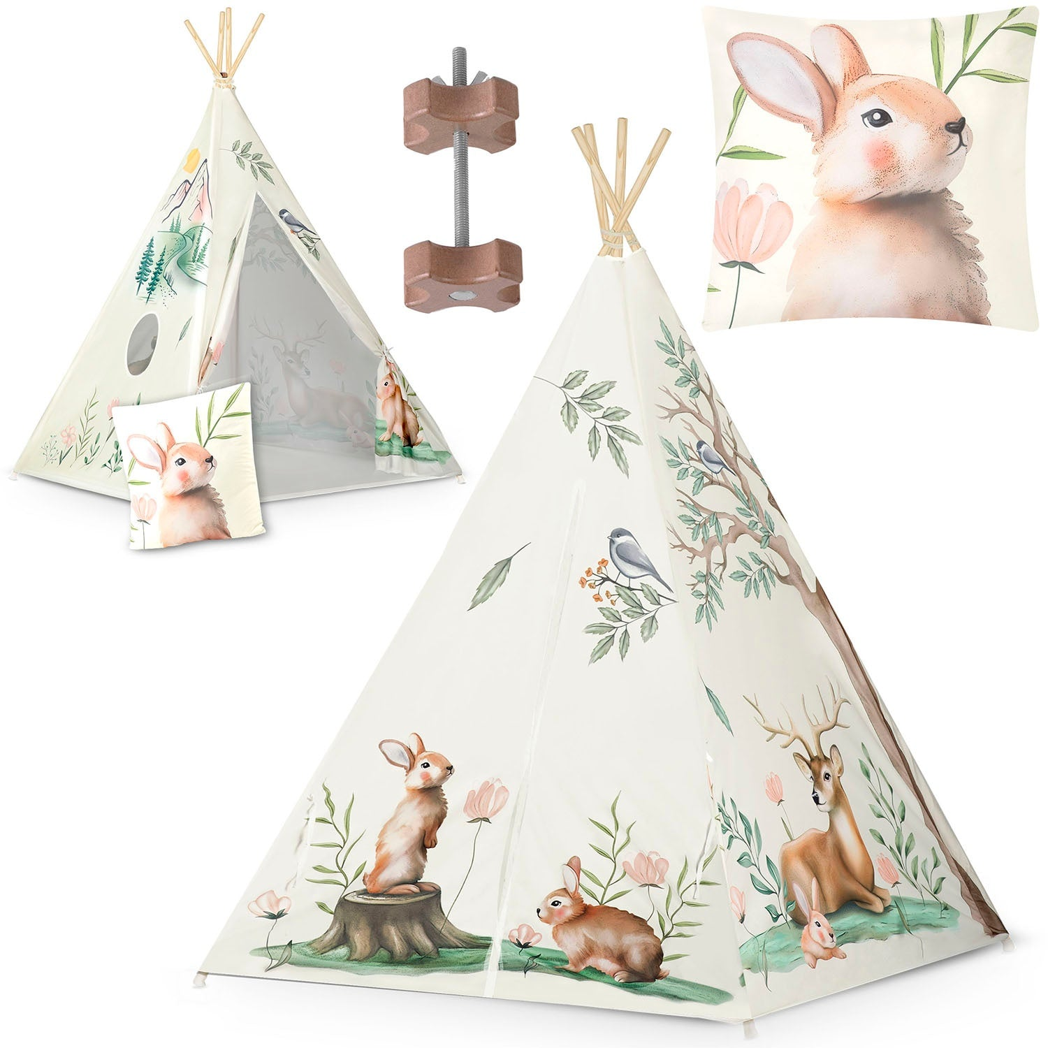 Una tienda de campaña tipi para niños con ilustraciones de animales del bosque, una almohada con un conejo y un soporte de madera. Colores suaves y tema de naturaleza.