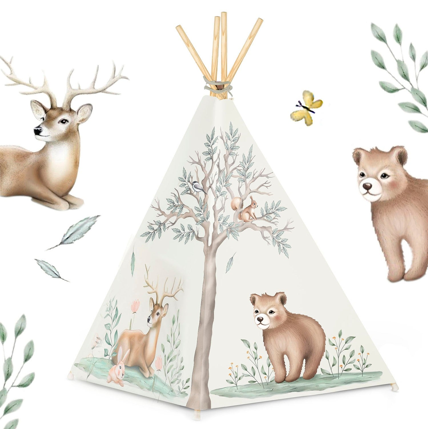 Ilustración con un tipi, ciervos, osos, mariposa, conejo y hojas. El tipi tiene un diseño de árbol. Animales en un entorno forestal.
