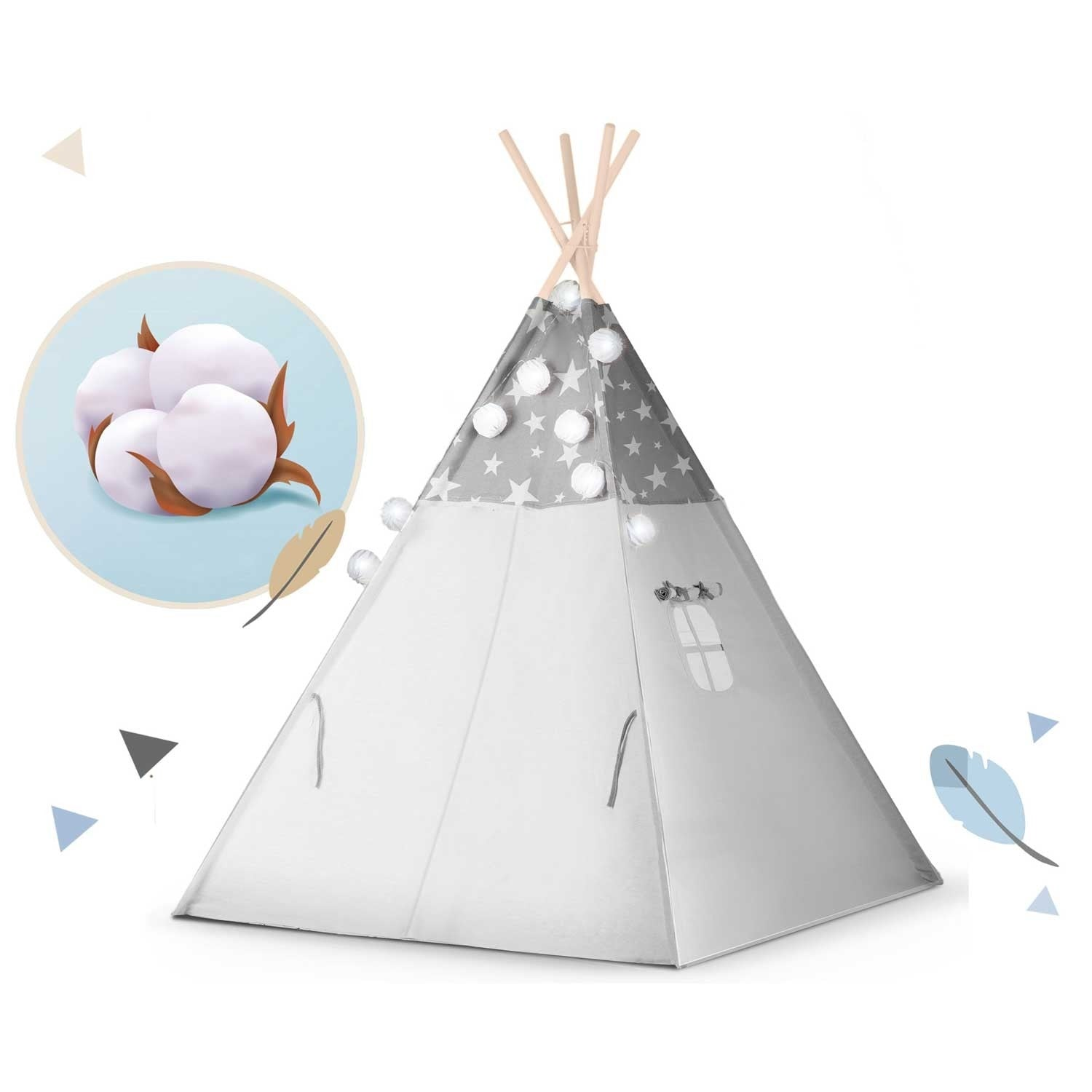 Una tienda tipi gris con estampado de estrellas en la parte superior. Ilustración de algodón a la izquierda. Plumas y formas decorativas.