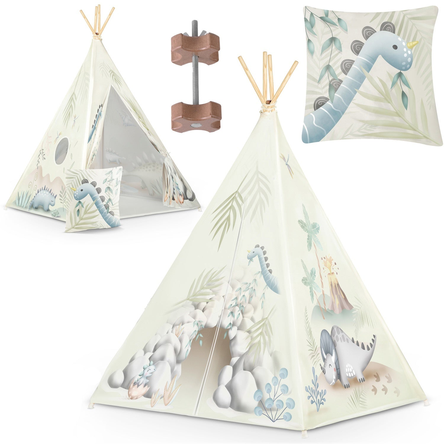 Una tienda tipi para niños con ilustraciones de dinosaurios, una almohada con un dinosaurio y un ensamble de madera.