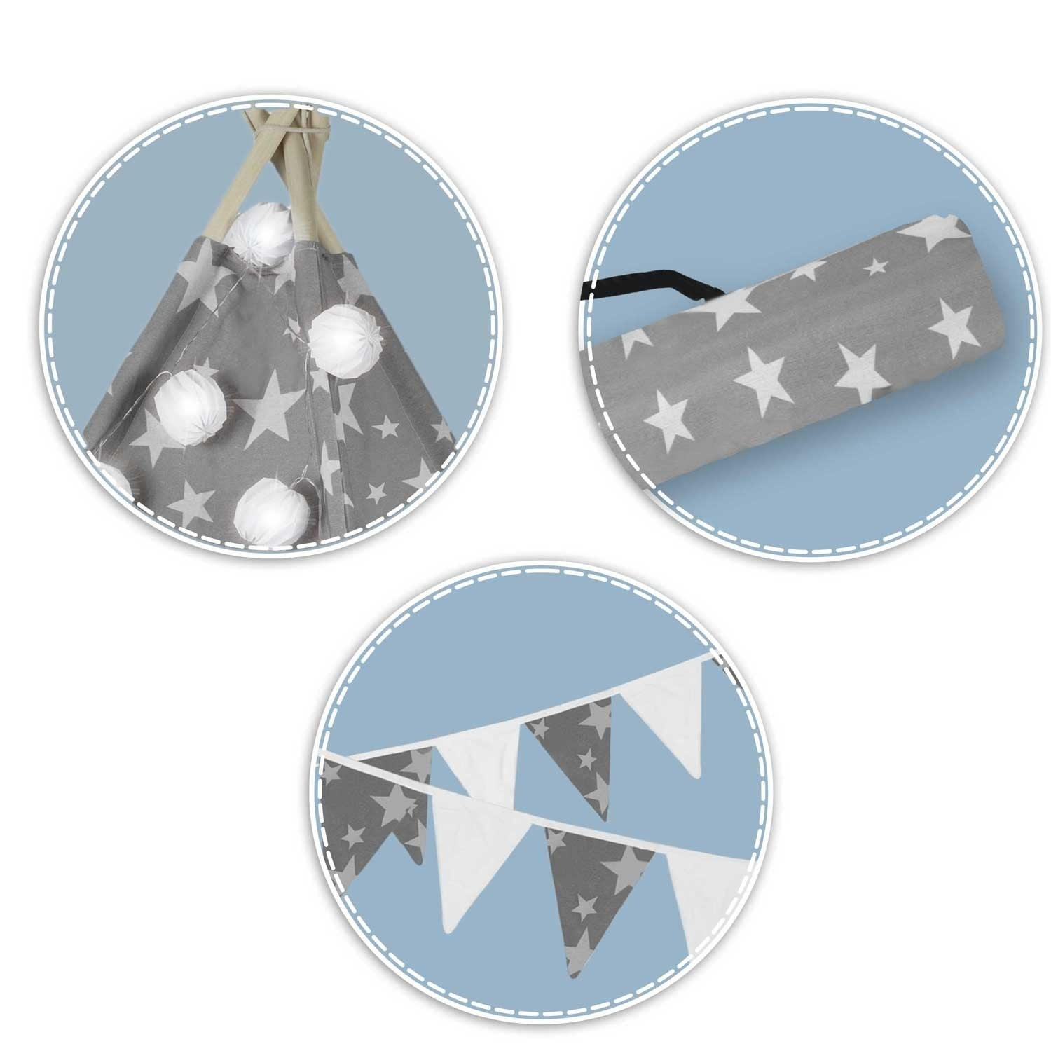 Tres vistas circulares: tienda con estrellas y luces, tela con estrellas y banderas triangulares con estrellas. Todo sobre fondo azul.