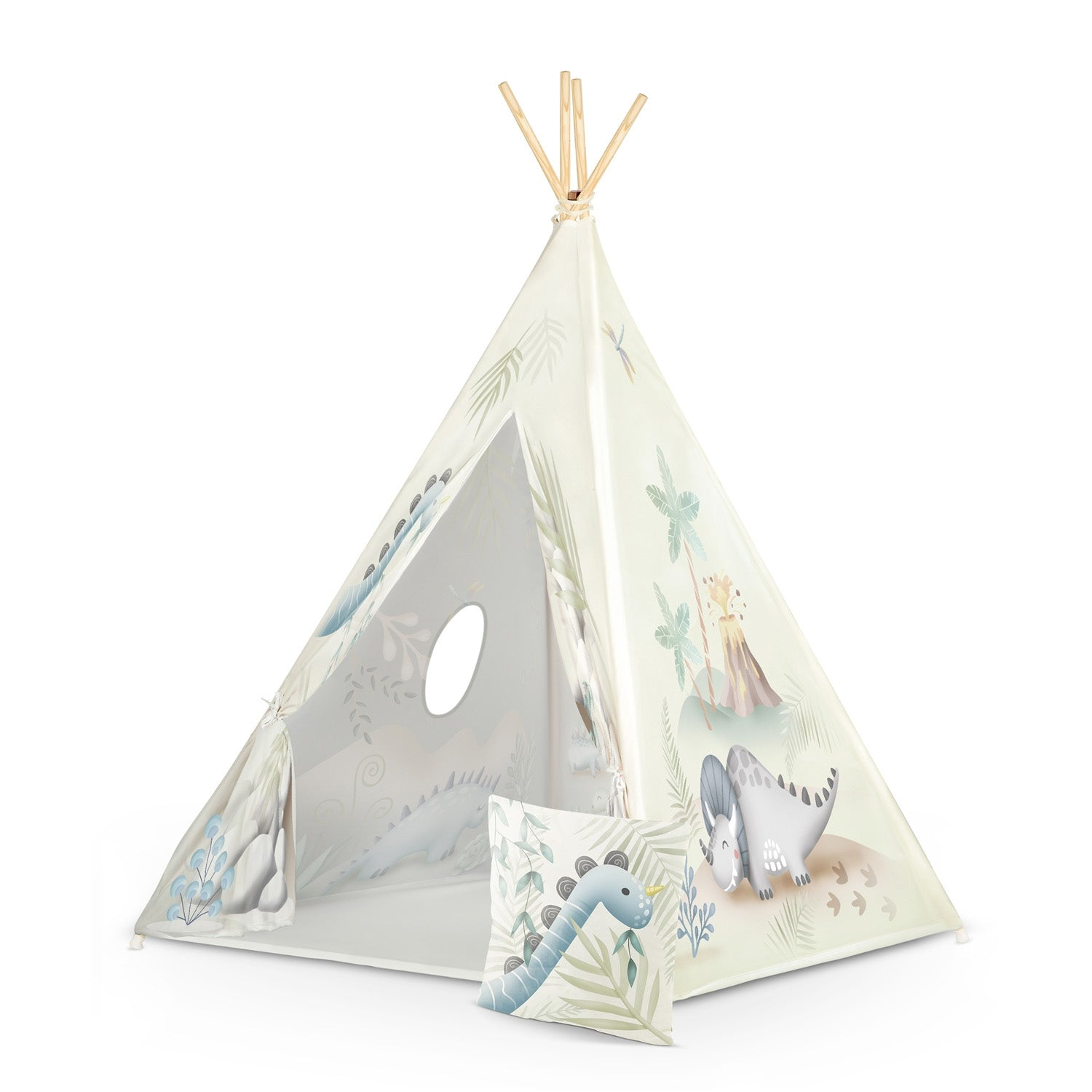 Una tienda tipi crema con ilustraciones de dinosaurios. Una almohada a juego con un dinosaurio está cerca de la tienda, sobre una superficie blanca.