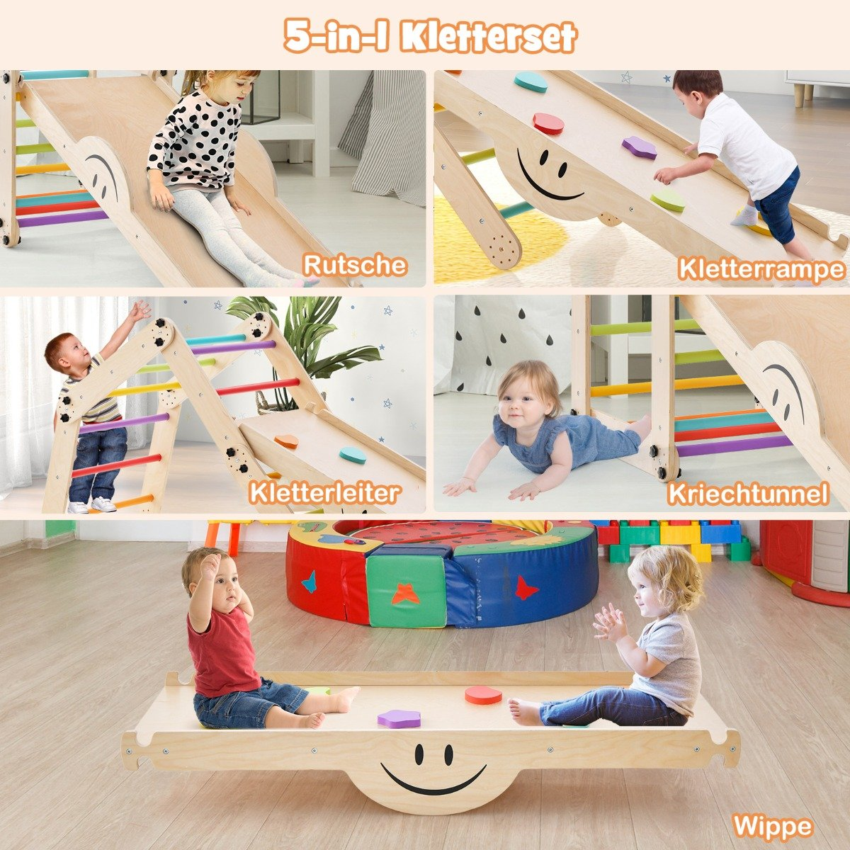 Un juego de escalada 5 en 1 con toboganes, rampas de escalada, una escalera, un túnel de gateo y un balancín. Se ve a niños usándolos.