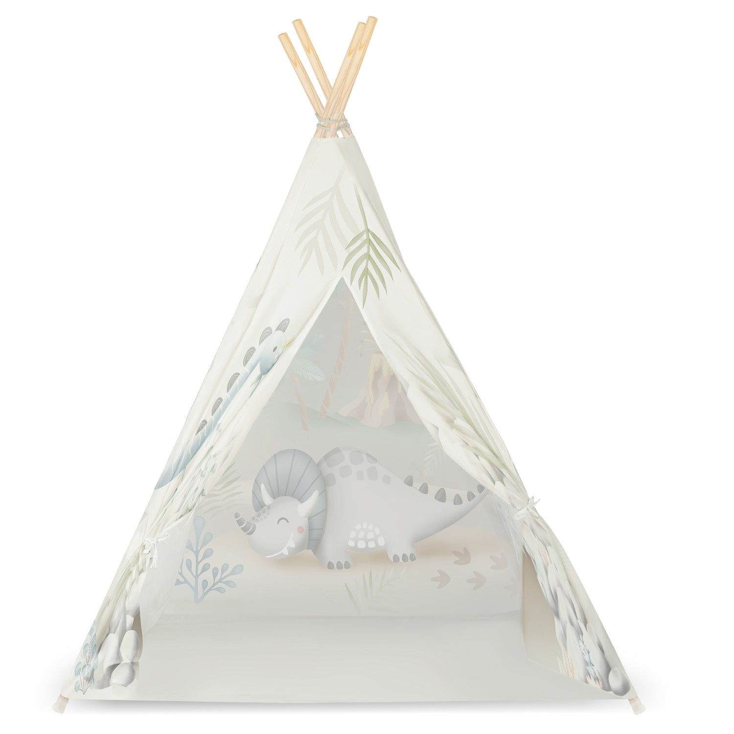 Una tienda de campaña tipi blanca con una ilustración de dinosaurio en el interior. La tienda tiene postes de madera y un Triceratops de dibujos animados y plantas.