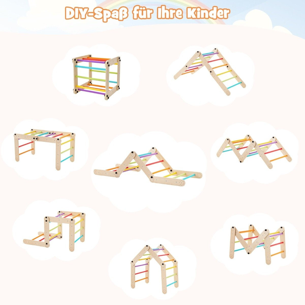 La imagen muestra diferentes estructuras de escalada de madera para niños. Tienen varias formas, con barras y peldaños coloridos, sobre fondo claro.