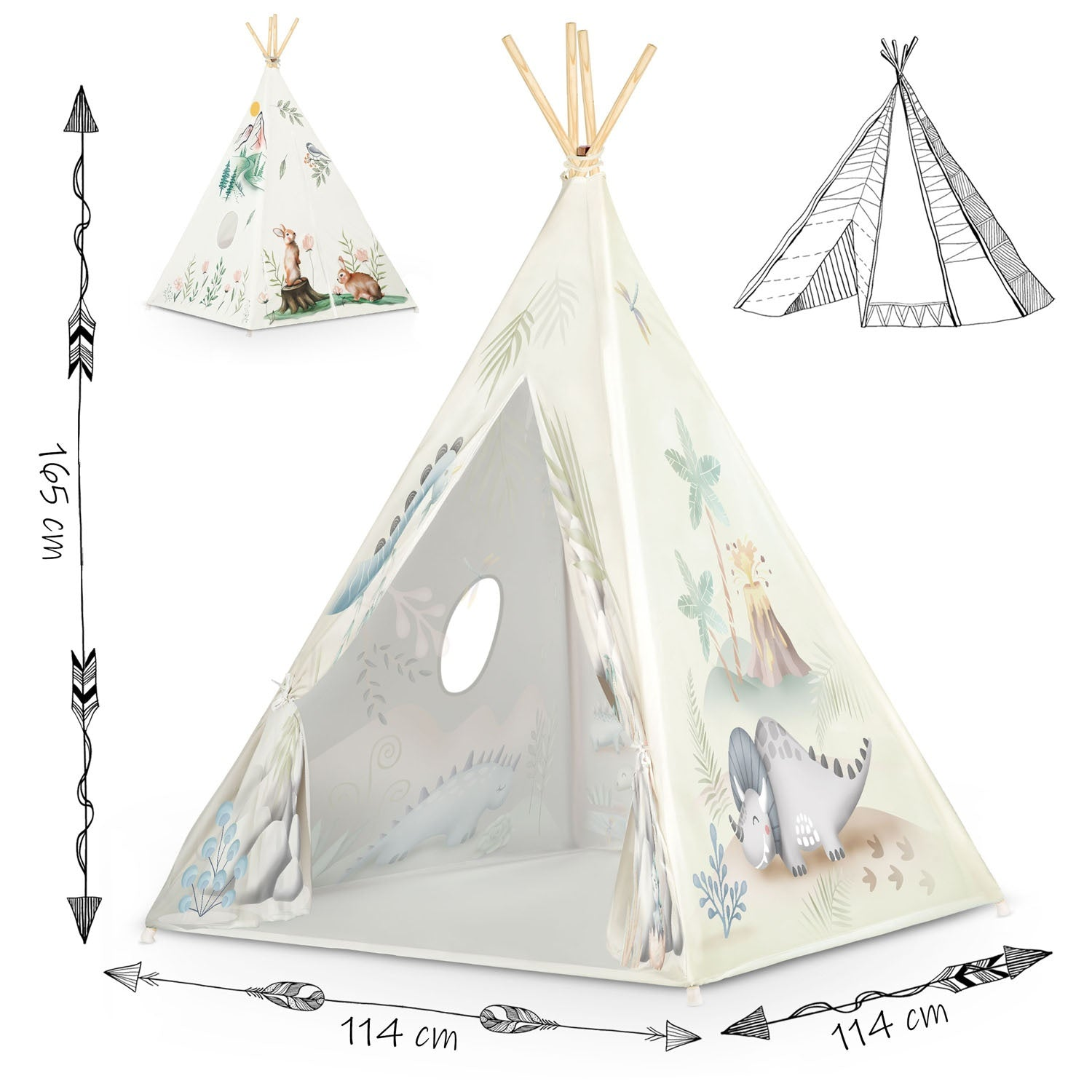 Una tienda de campaña tipi blanca con ilustraciones de dinosaurios y naturaleza. Las dimensiones son 114 cm x 114 cm x 165 cm. También incluye un dibujo de la tienda.
