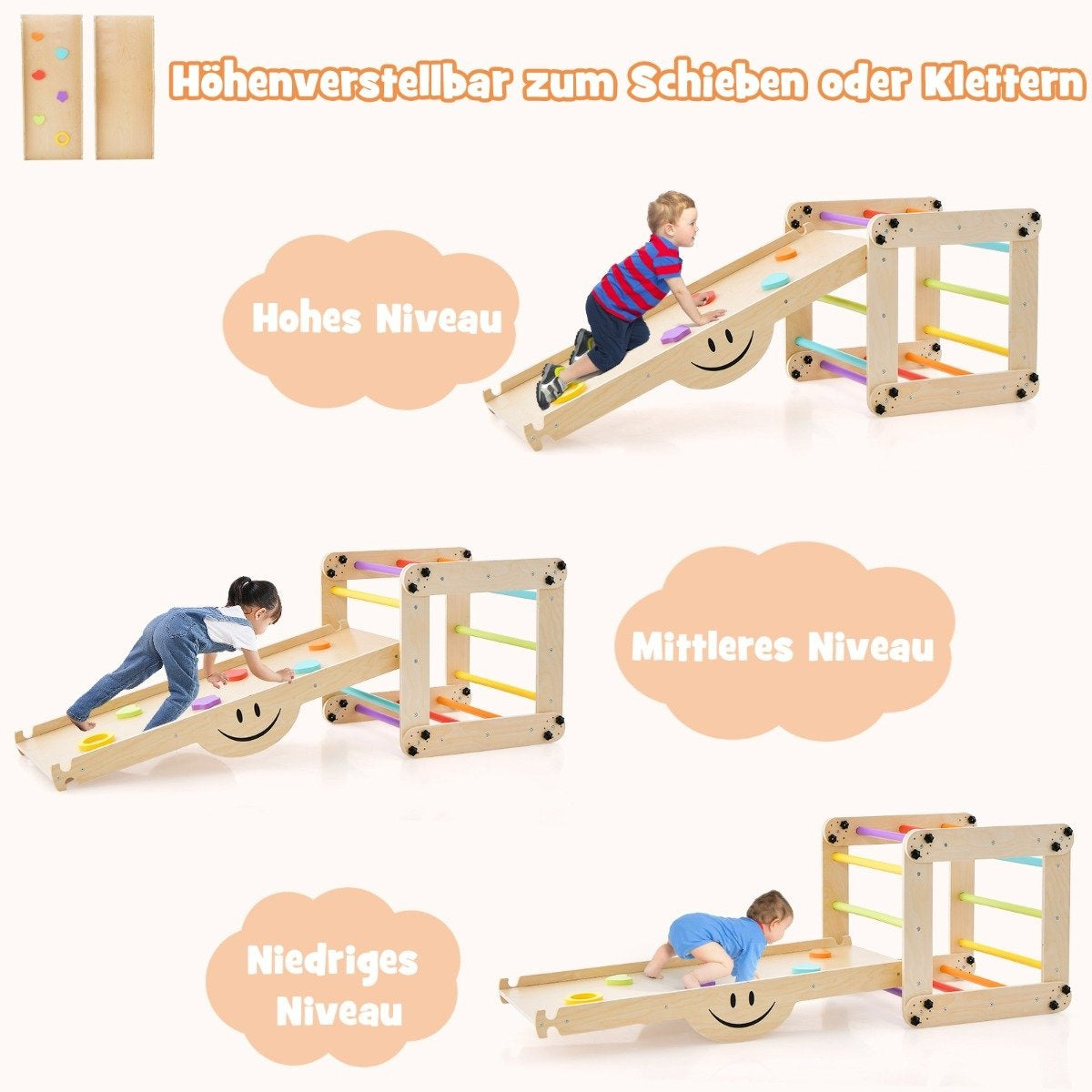 Juego infantil con estructura de escalada y tobogán. Niños escalando y deslizándose. Texto indica niveles y ajuste.