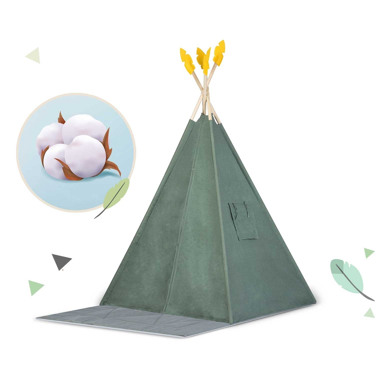 Una tienda tipi verde con decoraciones amarillas, una base gris y una ilustración de algodón en un círculo.