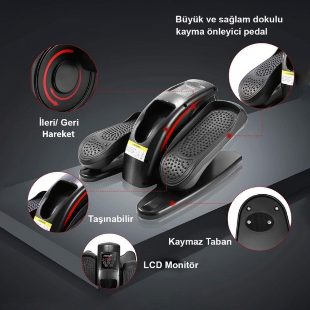 Kırmızı detaylı siyah eliptik makine. LCD monitör, kaymaz pedallar ve ileri/geri hareket özelliklerine sahip. Taşınabilir tasarım.