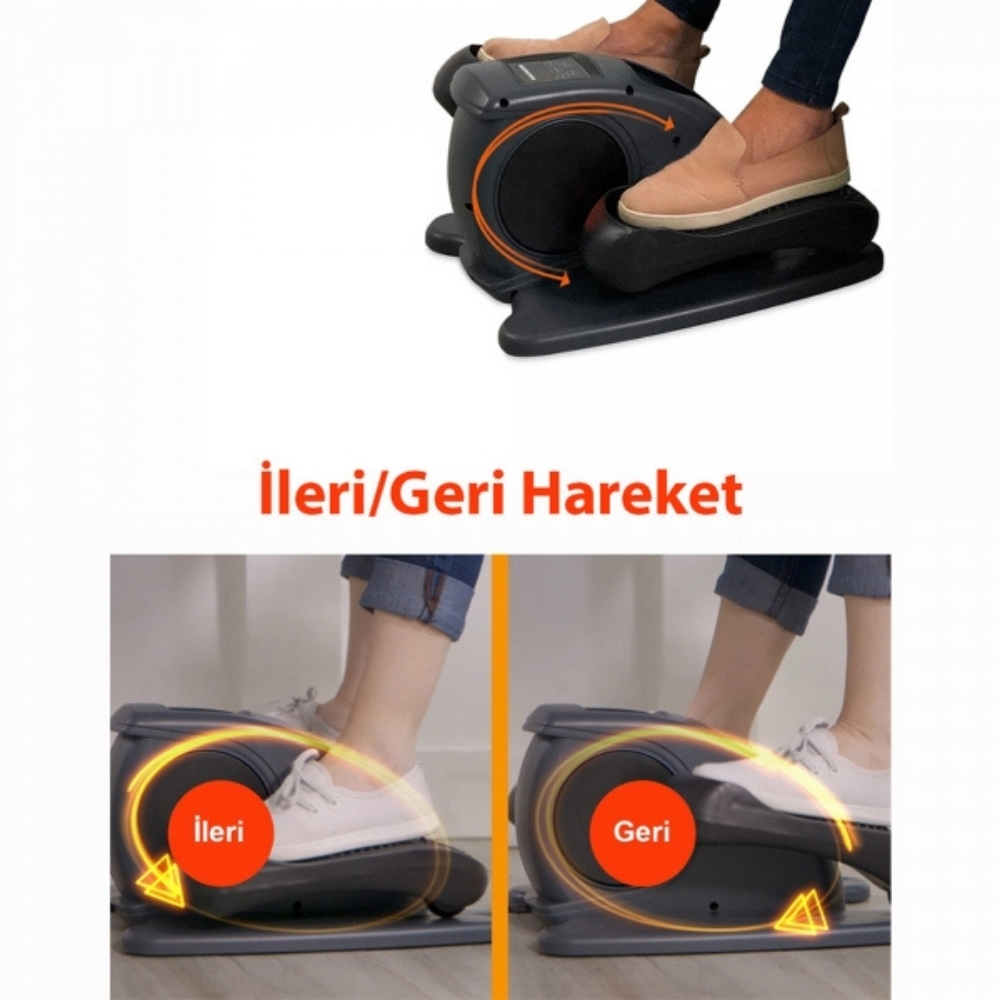 Bir kişi mini eliptik makine kullanıyor. Oklar ileri ve geri hareketi gösterir. Makine siyah ve gridir.