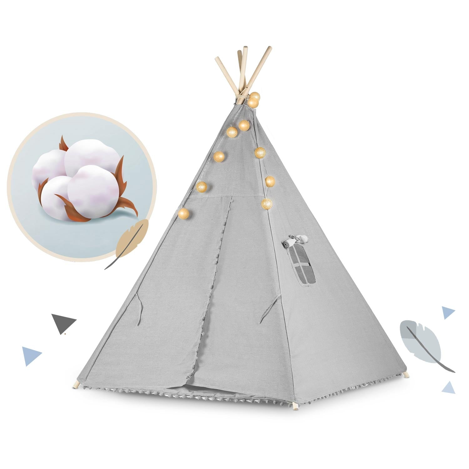 Una tienda tipi gris con ventana y luces de cadena. Bolas de algodón en un círculo en la parte superior izquierda.