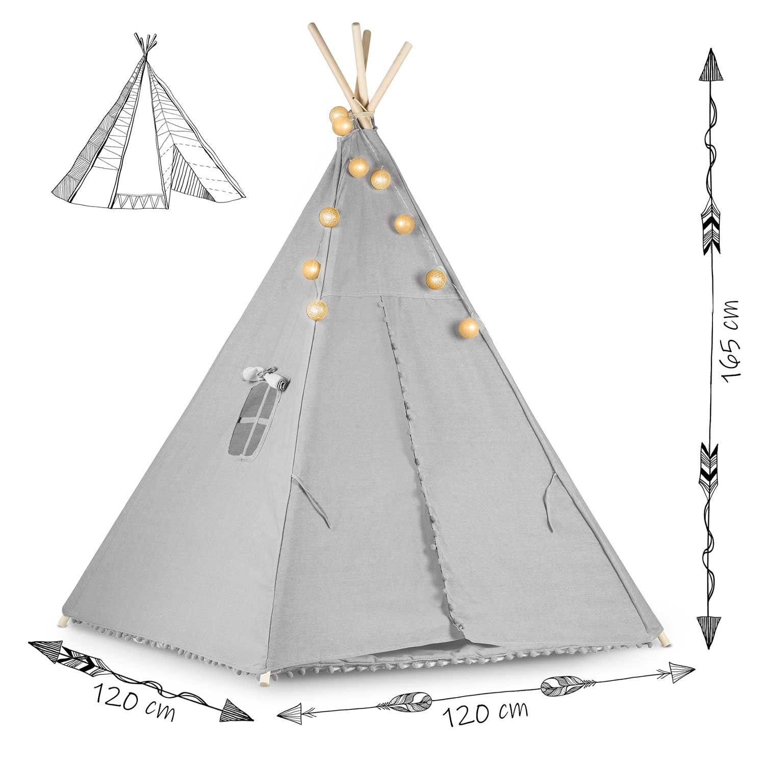 Una tienda tipi gris con luces de cadena, una ventana y medidas de 120 cm y 165 cm. Un pequeño dibujo de la tienda está en la esquina.