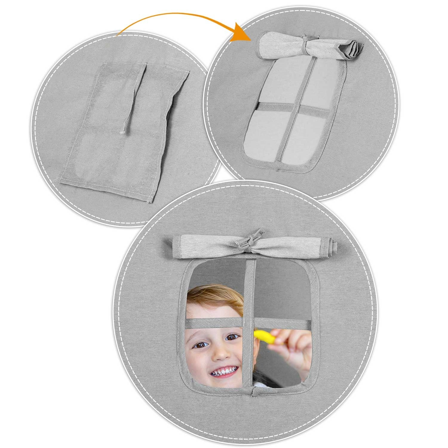 Un niño sonríe a través de una ventana en una tienda de campaña gris. Se levanta un crayón amarillo. Se muestran otras partes de la tienda.