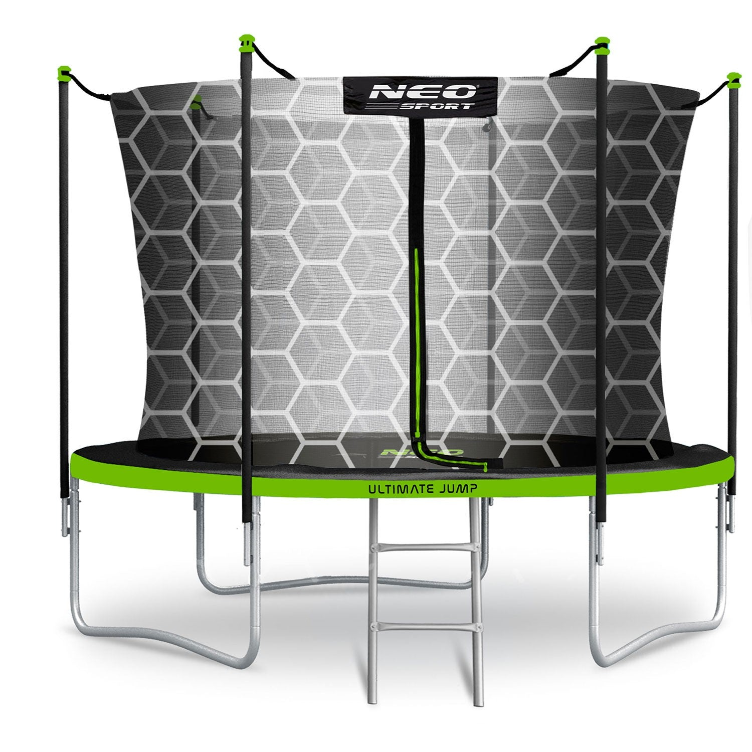 Un trampolín nuevo con red de seguridad. Tiene una superficie de salto negra, detalles verdes y una escalera. Se ve "ULTIMATE JUMP".