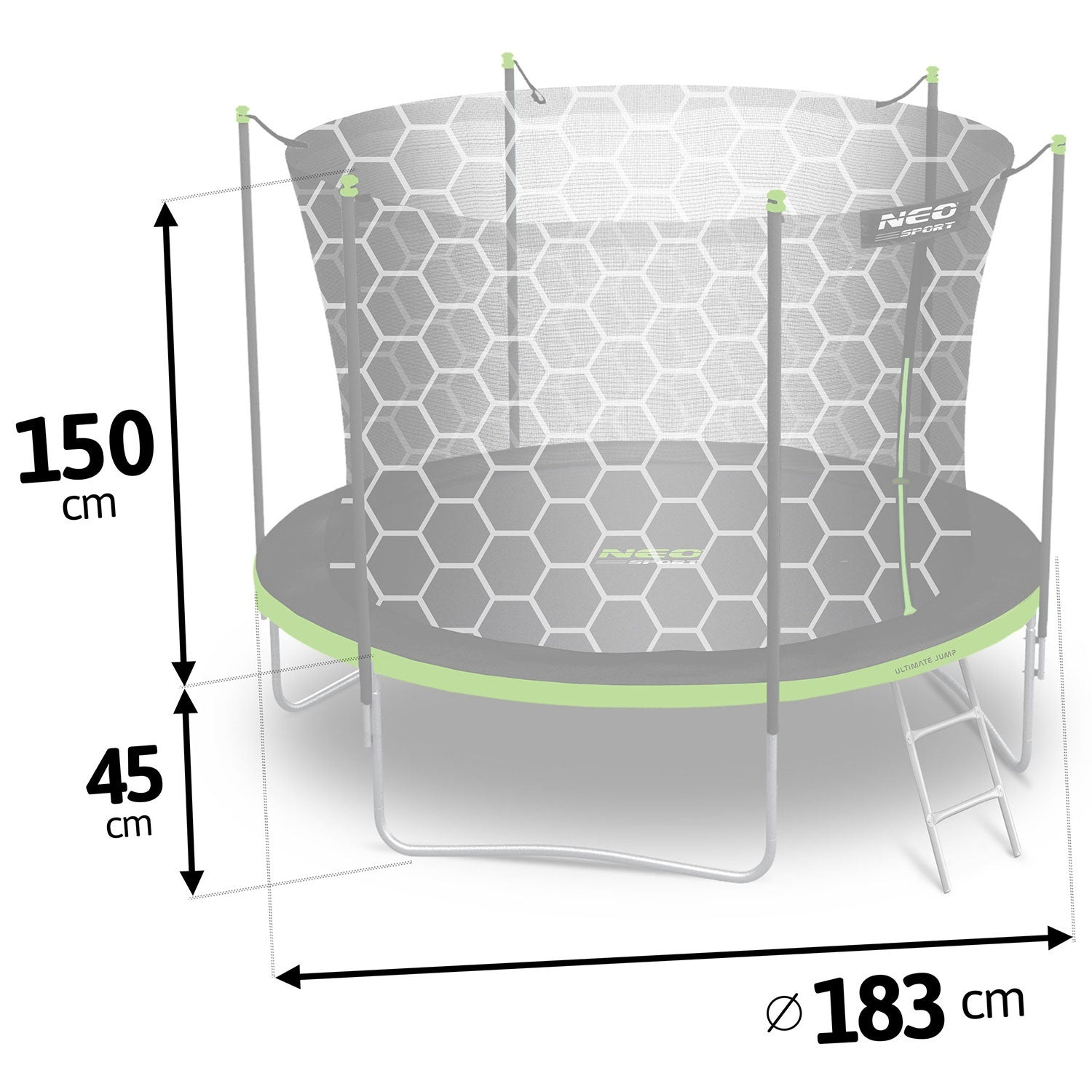 Un trampolín con red de seguridad. Dimensiones: 150cm altura, 45cm base, 183cm diámetro. Logotipo 'NEO SPORT'.
