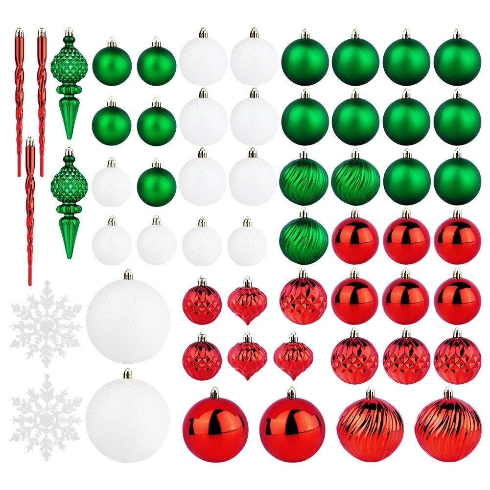 Adornos navideños en varios colores: verde, rojo, blanco, con carámbanos y copos de nieve. Incluye bolas brillantes y texturizadas.