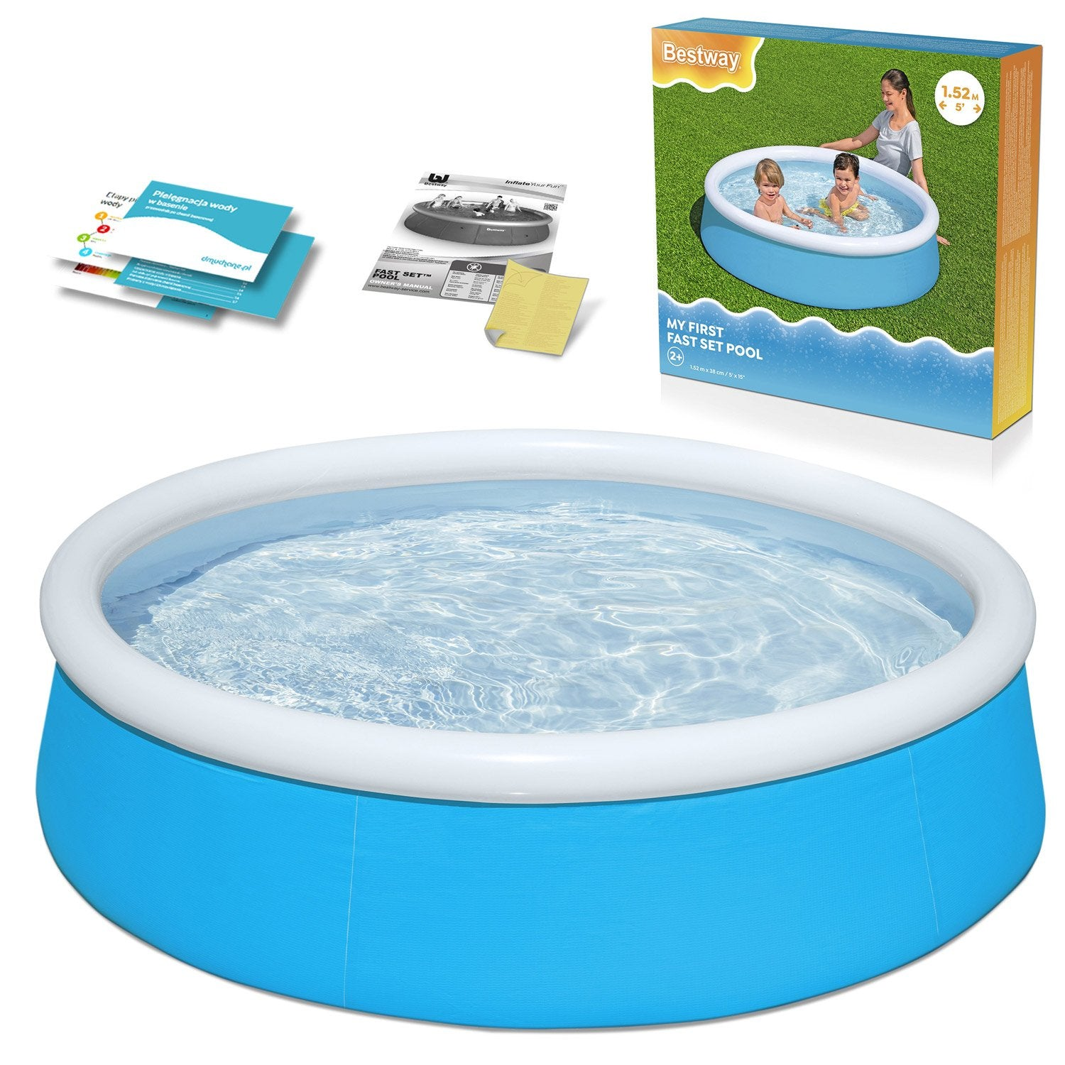 Una piscina inflable azul y blanca llena de agua. Una caja y papeles están cerca.